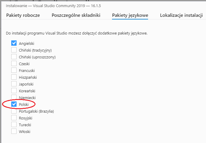 pakiet językowy visual studio