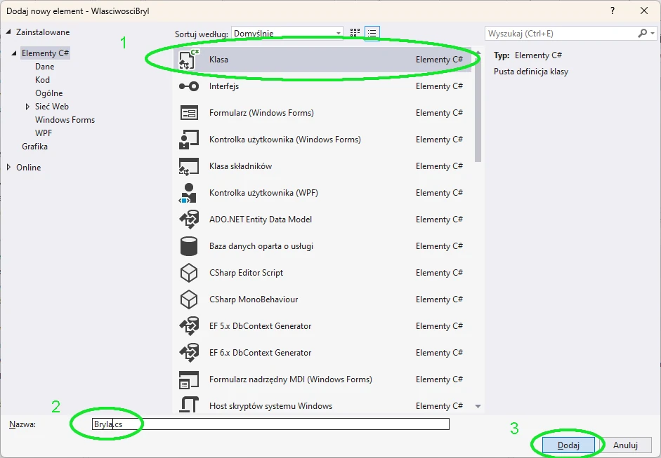 Dodaj nowy element Visual Studio C#