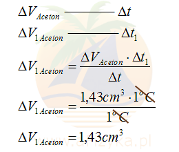 obliczymy przyrost objętości acetonu przy wzroście temperatury o 1°C