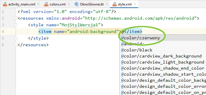 kolor tła styl xml kotlin Android Studio