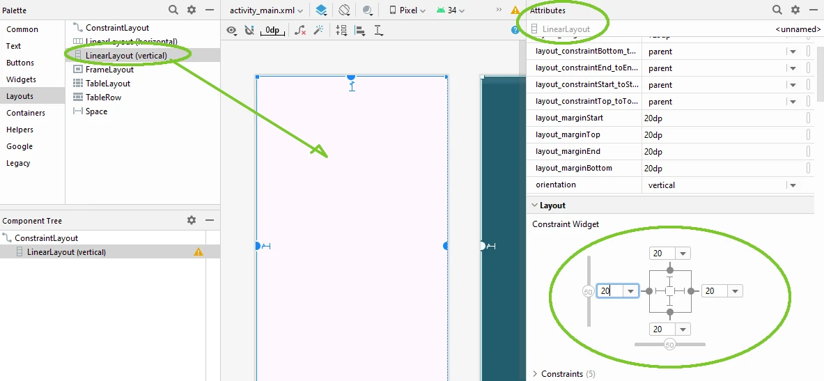 LinearLayout (vertical) arkusz INF 04 czerwiec 2022 Android Studio