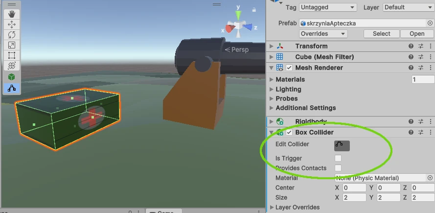 Box collider skrzynia 3D Unity
