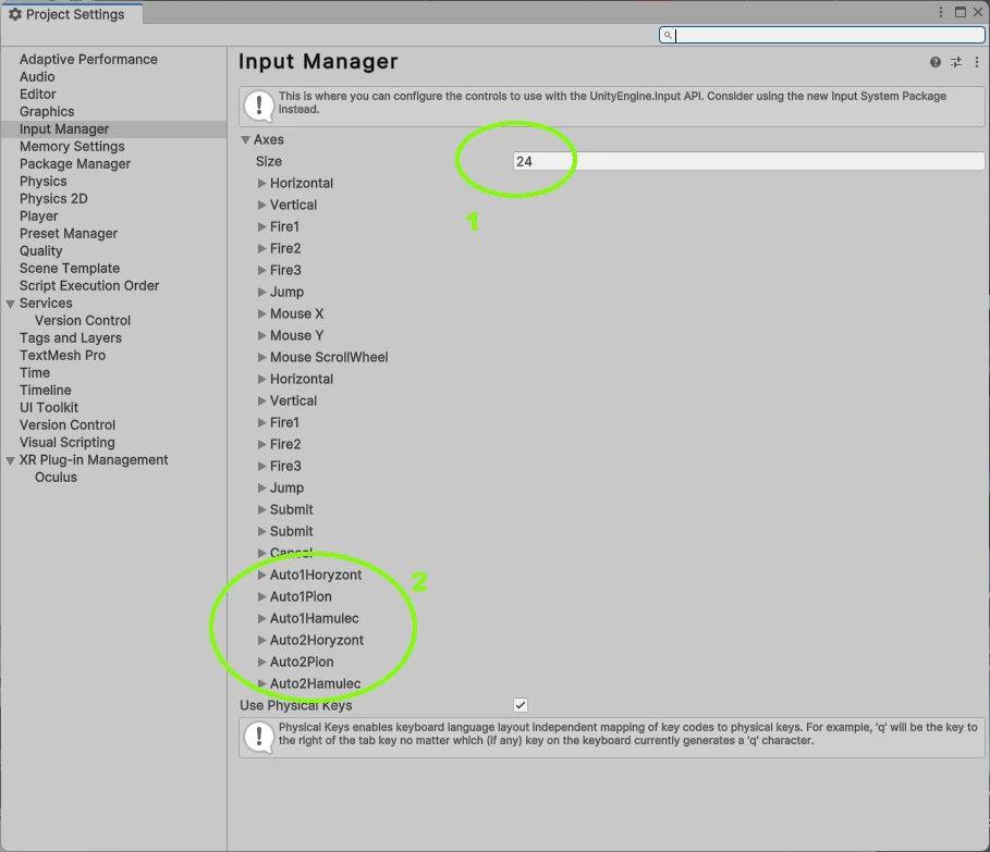 konfiguraca pierwszego gracza Input Manager Unity