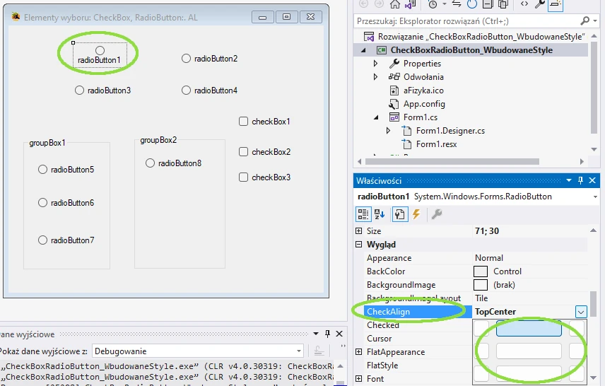 Kontrolka RadioButton układ położenia tekstu. Visual Studio C#