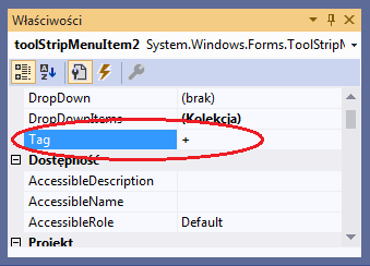 Identyfikacja opcji menu visual studio c#