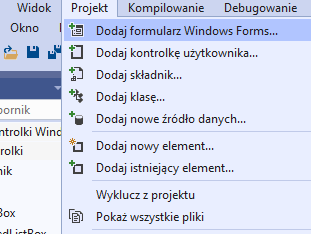 Dodaj formularz Windows Forms