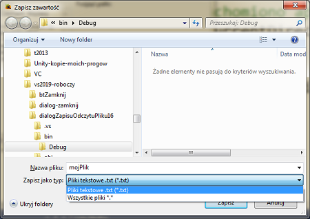 aplikacja pozwala otworzyć okno dialogowe zapisu pliku