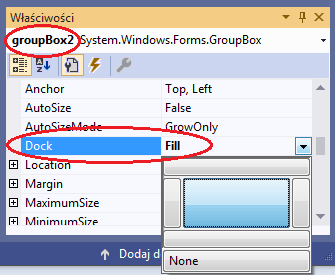 kontrolki groupBox2 właściwość Dock kontrolki groupBox1 ustawimy na Fill visual studio c#