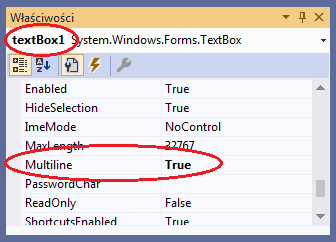 Multiline przypiszemy wartość True visual studio c#