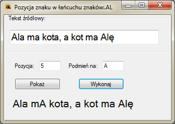 Pozycja znaku w łańcuchu znaków. Visual Studio C#