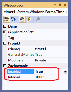 odpowiednie właściwości kontrolki <b>Timer</b>