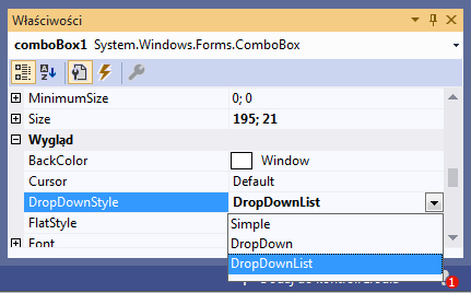 stylu komponentu ustalimy na DropDownList