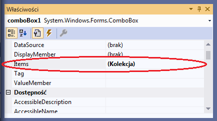 Zawartość treści listy komponentu combobox visual studio