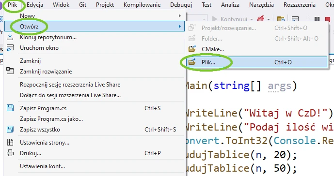 podgląd pliku konsola Visual Studio C#