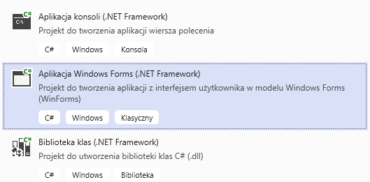 projekt jako Aplikacja Windows Forms