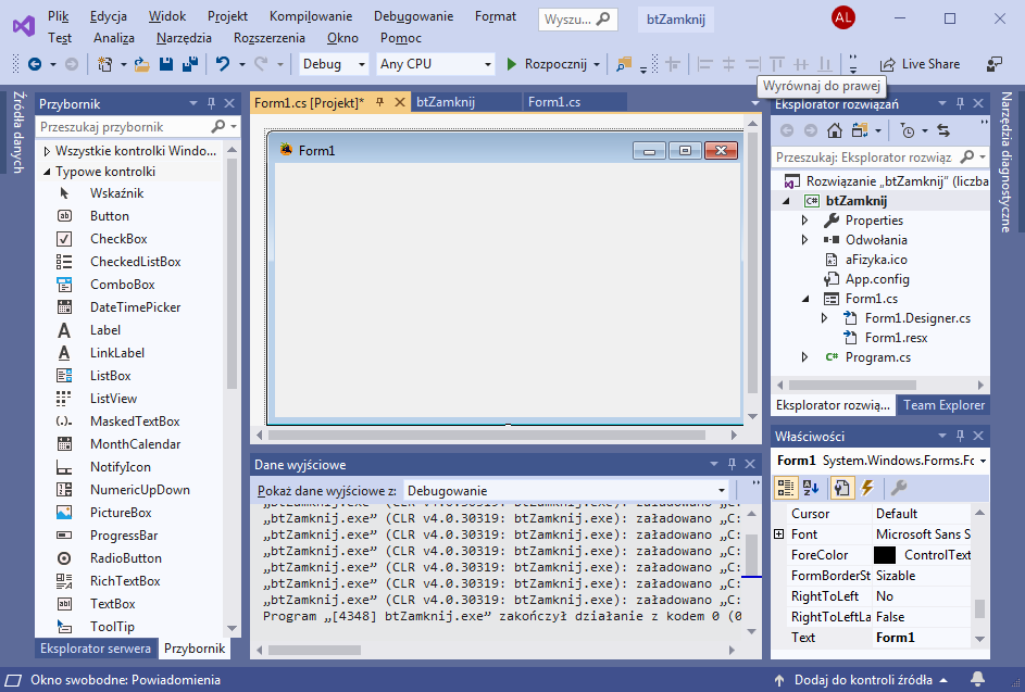 Visual Studio pierwsza aplikacja