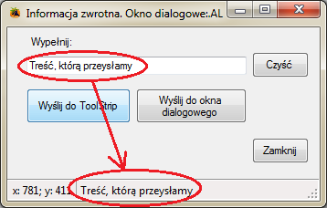 wysłania tekstu z komponentu TextBox do komponentu ToolStripStatusLabel