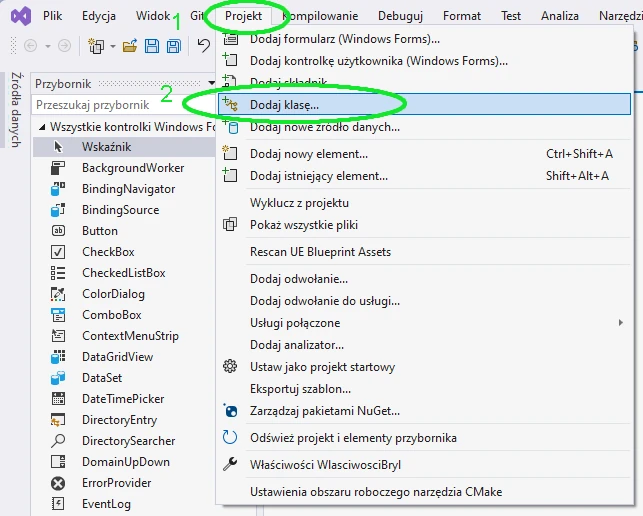 Dodawanie klasy w kompilatorze Visual Studio