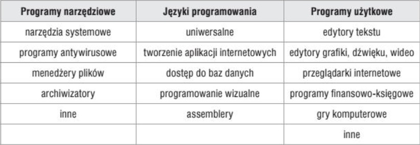 schemat podziału narzędzi IT i przykłady podstawowych grup programowania