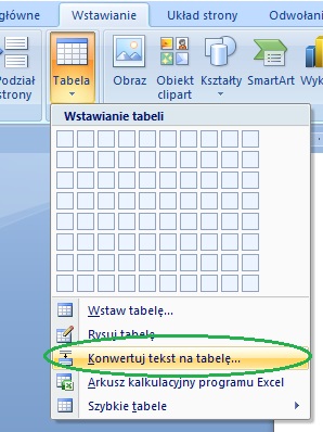 Konwersja tekstu na tabelę. Edytor równań. Klasa 1