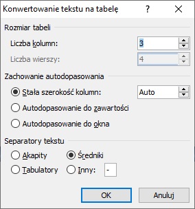 oknie dialogowym konwertowania tekstu na tabelę