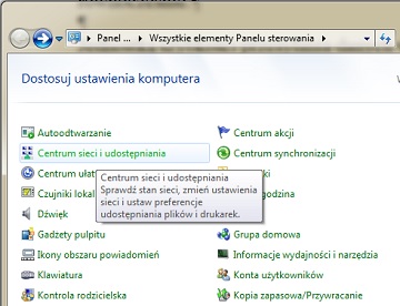 panel sterowania Centrum sieci i udostępniania