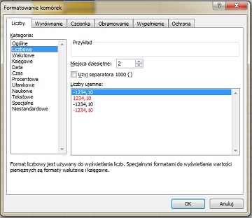 oknie dialogowym formatowania komórki arkusz kalkulacyjny
