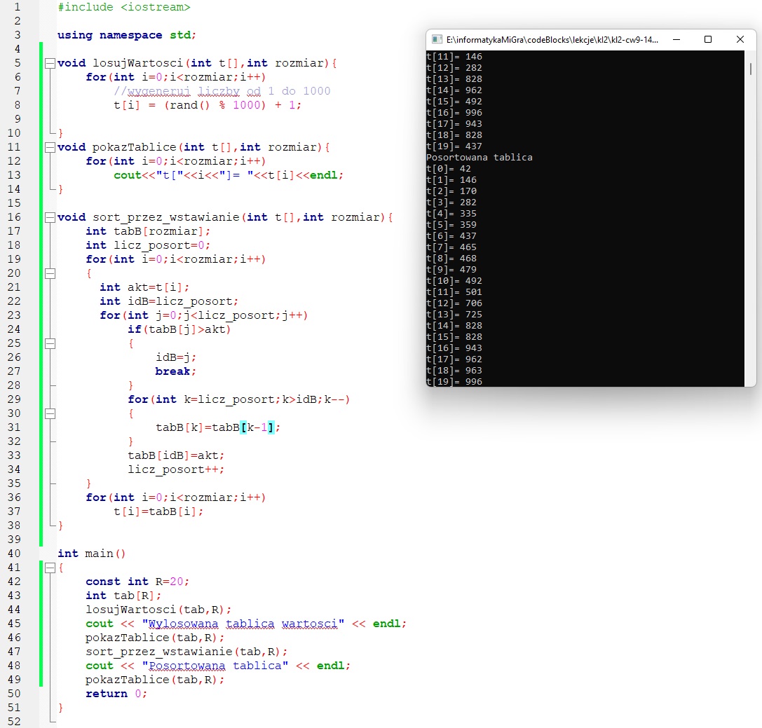 Sortowanie przez wstawianie kod programu c++