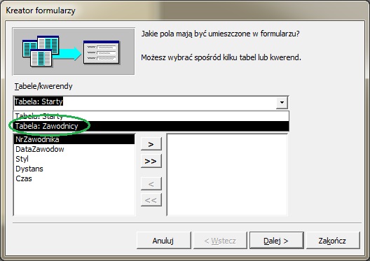 Wybierz tabelę, dla której tworzysz formularz