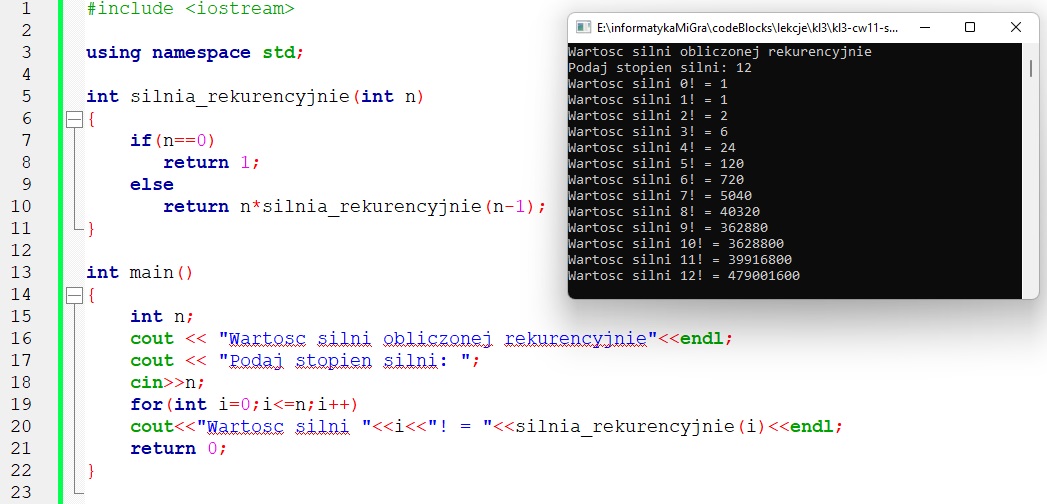 algorytm rekurencyjnego wywołania silni c++