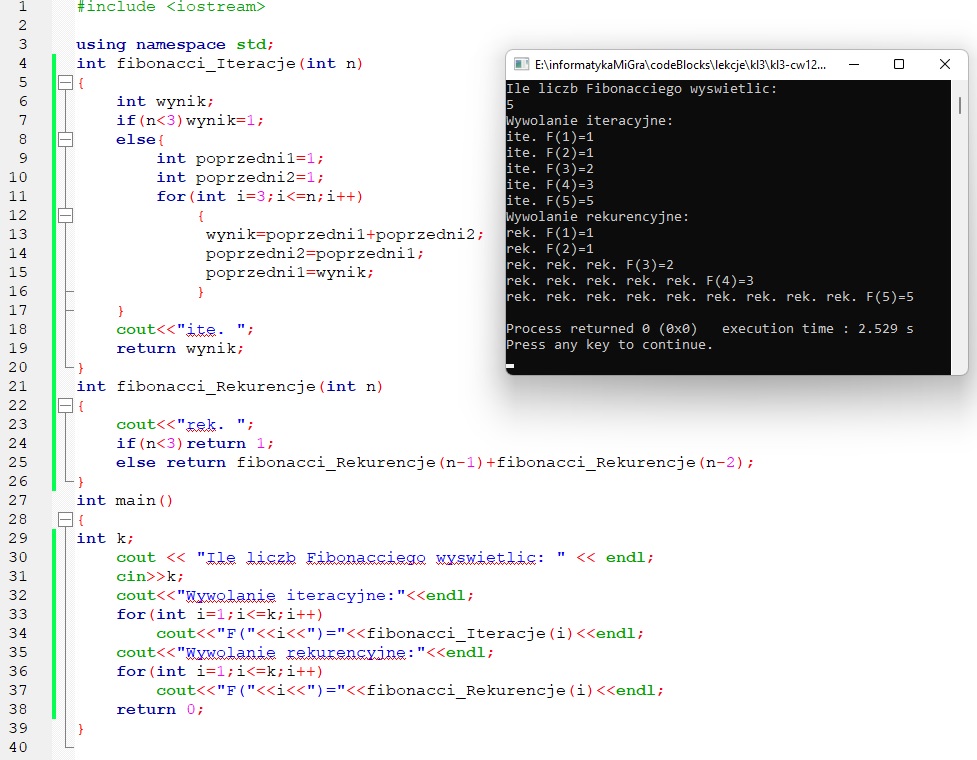 ciąg fibonacciego iteracyjne i rekurencyjne wywołanie