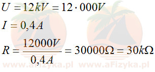 Obliczamy opór elektryczny R gdy napięcie U= 12 kV