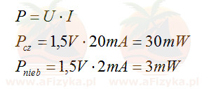 Obliczamy moc wydzieloną na obu diodach przy napięciu 1,5 V