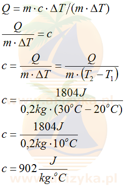 z którego po przekształceniu obliczymy ciepło właściwe materiału
