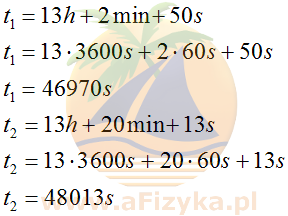 ile sekund mija pomiędzy godziną 13:02:50 a 13:20:13