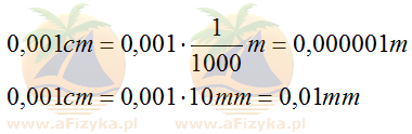 Przeliczamy 0,001 centymetra na metry i milimetry