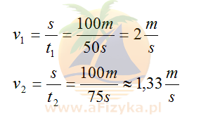 Obliczamy szybkości pływaków korzystając ze wzoru na średnią szybkość