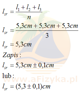 Linijką z podziałką milimetrową trzykrotnie zmierzono długość odcinka AB i otrzymano wyniki: 5,3cm; 5,3cm; 5,3cm. Zapisz średni wynik pomiaru z uwzględnieniem niepewności pomiarowej.