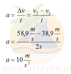 Wartość przyspieszenia samochodu obliczamy ze wzoru na przyspieszenie