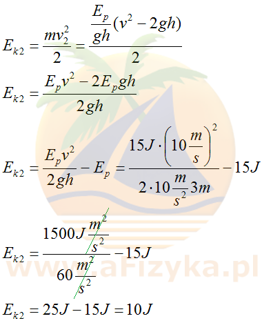 Podstawiamy oba otrzymane wzory do wzoru na energię kinetyczną i obliczymy ją
