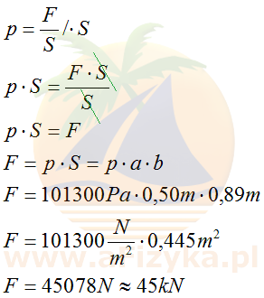 Obliczając siłę parcia skorzystamy ze wzoru na ciśnienie