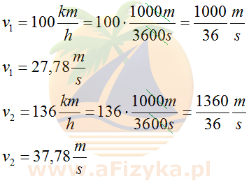  wartości szybkości zamienimy z kilometrów na godzinę na metry na sekundę