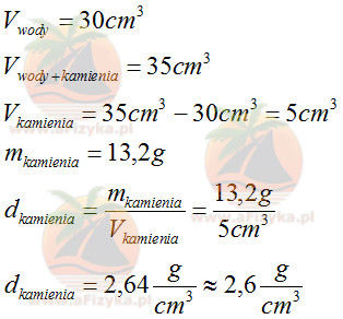 Na podstawie informacji podanych na ilustracji oblicz gęstość kamienia
