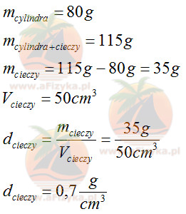 dane odczytamy z rysunku dołączonego do zadania i wykonamy obliczenia gęstości cieczy