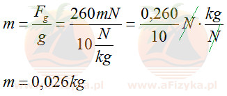 oblicz masę ciała, którego ciężar na Ziemi 260mN